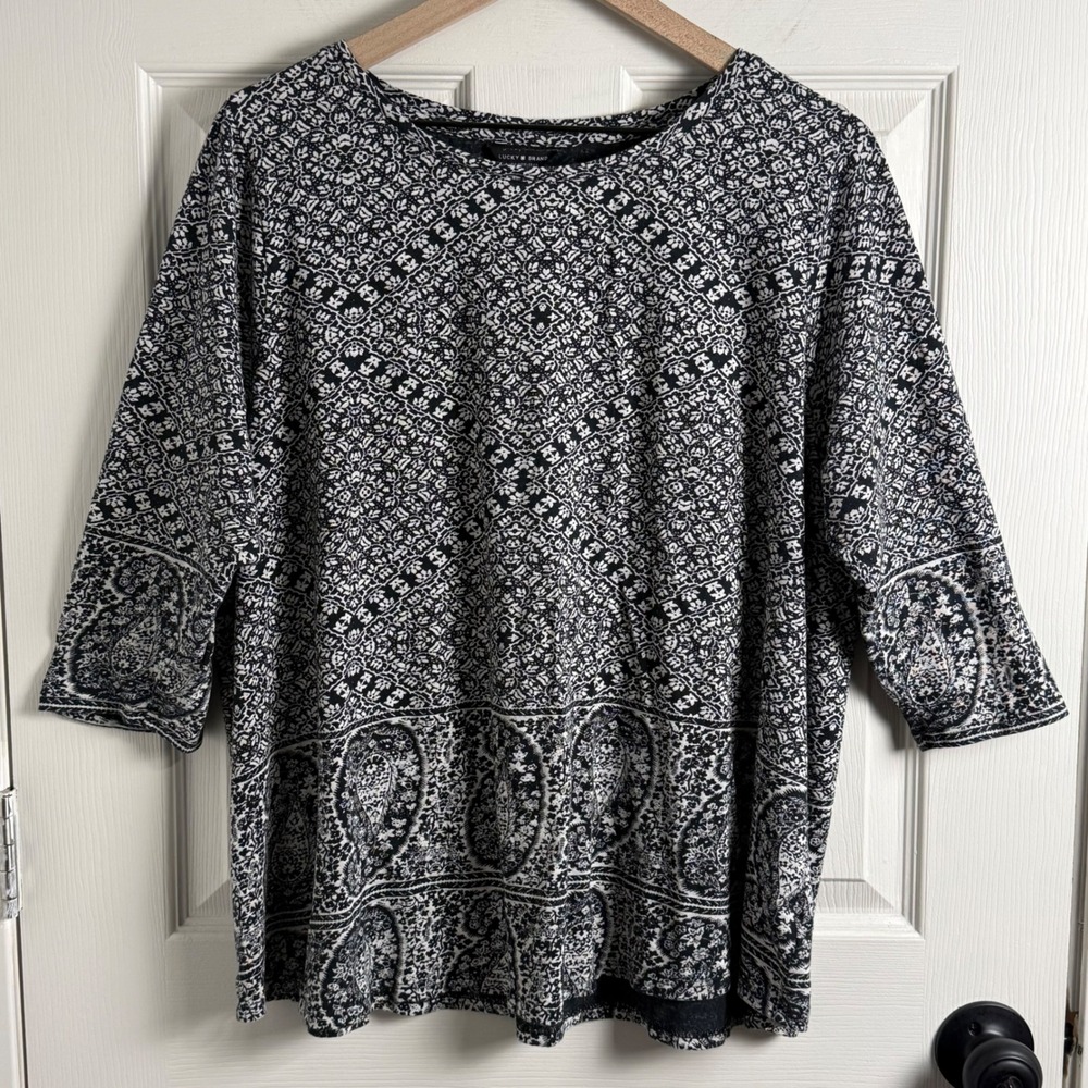 Lucky Brand Blouse Women 2X‎ Black White Paisley Aztec Top Boho Western Casual